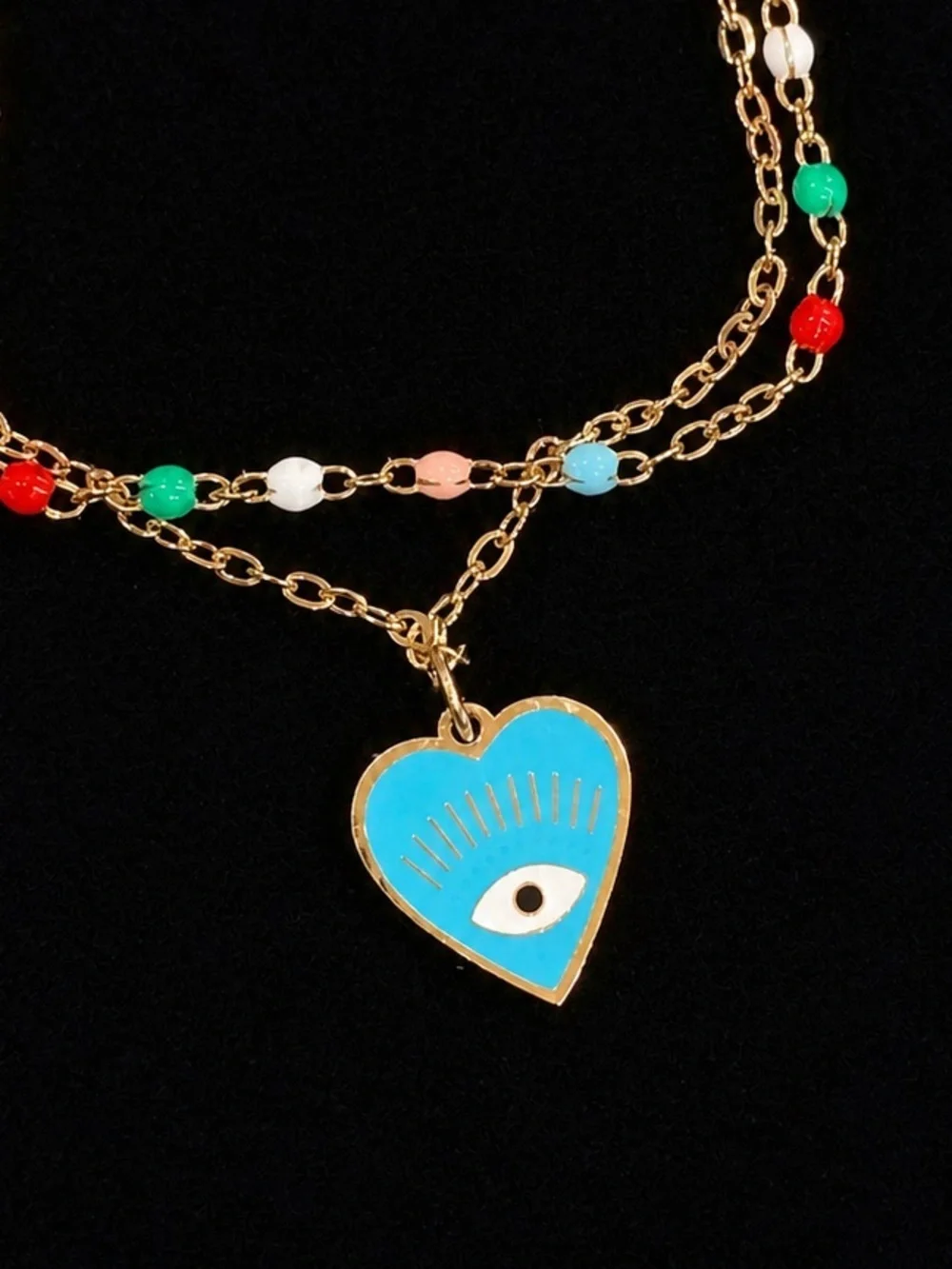 Evil eye Gold-Tone Heart Pendant bracelet with Blue Eye and Beads IN BOX